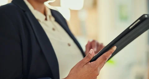 Hands, woman and scroll on tablet in office for planning research, data analysis Stock Footage 245489983