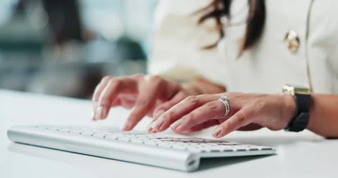 Hands, woman and typing on computer in office for news story, article Stock Footage 329390975