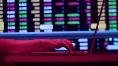 Hands of Woman Coding on Laptop with Neon Background Stock Footage 302699863