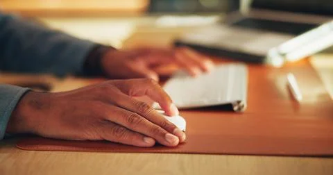 Hands, work and person with computer, review report or accounting records f.. 스톡 사진