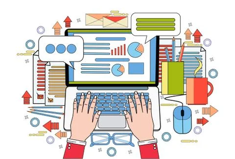 Hands Work On Laptop Computer Finance Chart Business Statistic Data Report Stock-Illustration