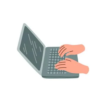 Hands in work at laptop keyboard with blank monitor screen. Work place at home Stock Illustration