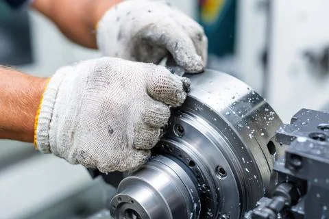 Hands work on metal part 스톡 사진