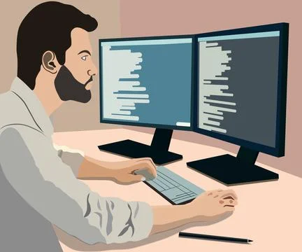 Hands work on website or app, ui ux design and programming. Stock Illustration