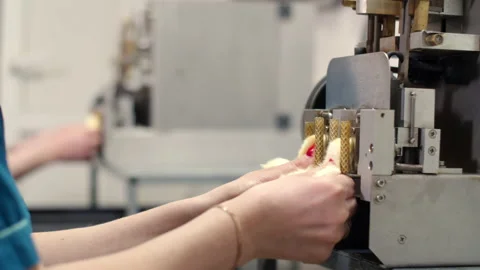 The hands of the worker inserts the heads of the chickens in debicker. A worker Stock Footage 137502060