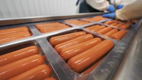 Hands of workers put fresh sausage into trays for packaging Stock Footage 164148986