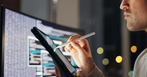 Hands, working and tablet in office at night for programming, problem solving or Stock Photos