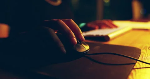 Hands working, computer and mouse for night research, online review and Stock Footage 252894431