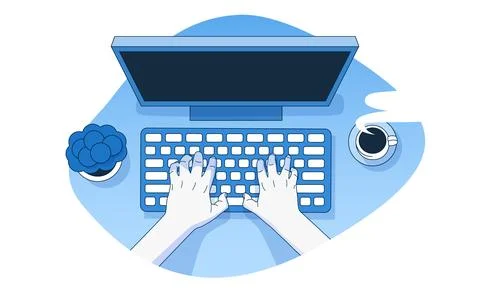 Hands working on a computer keyboard. Home office. Development and freelancing Stock Illustration