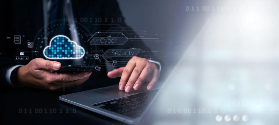 Hands working on cybersecurity with cloud storage and protection hologram o.. Stock Photos