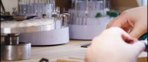 Hands Working with a Fine Pointed Tool at a Jewelry Workbench Vídeo Stock 342562926