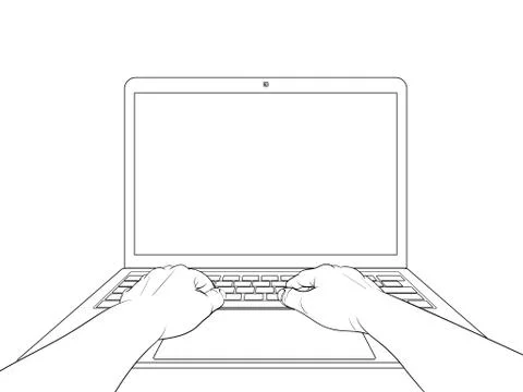 Hands working on laptop with blank screen isolated on white background 스톡 일러스트