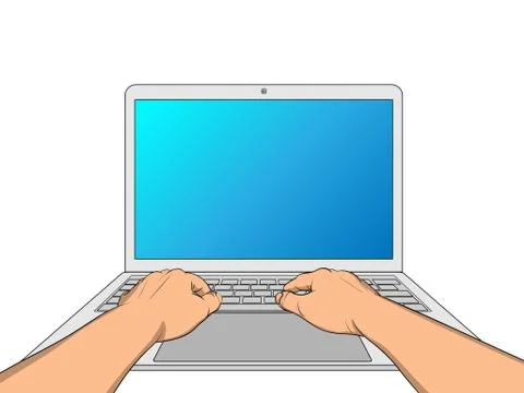 Hands working on laptop with blank screen isolated on white background Stock Illustration