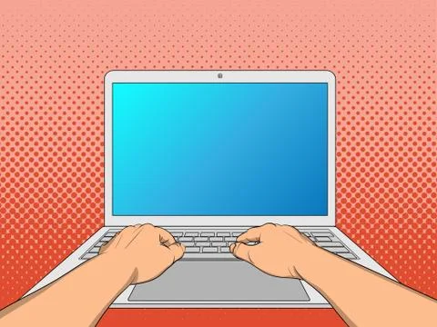 Hands working on laptop with blank screen isolated on white background イラスト素材