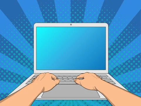 Hands working on laptop with blank screen isolated on white background イラスト素材