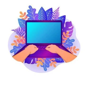 Hands working on laptop with blank screen on floral background Stock Illustration