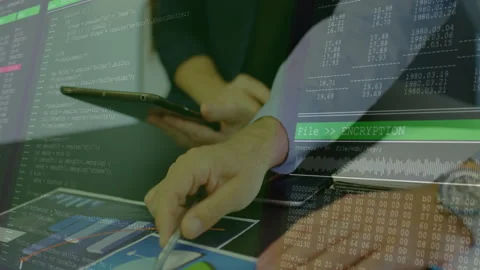 Hands working on tablet with encryption and coding data overlay animation Stock Footage 303841711