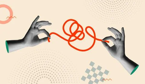 Hands working together to untangle red rope in retro 90s collage vector style Stock Illustration