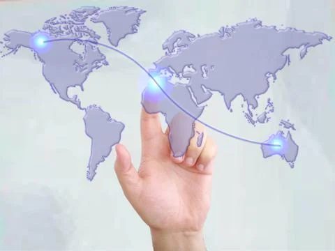 Hands with world mail delivery on world map background Stock Photos