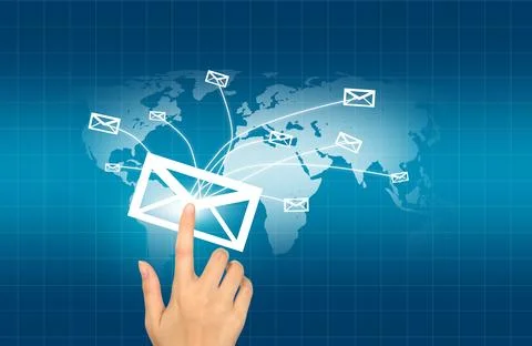 Hands with world mail delivery on world map background Stock Photos
