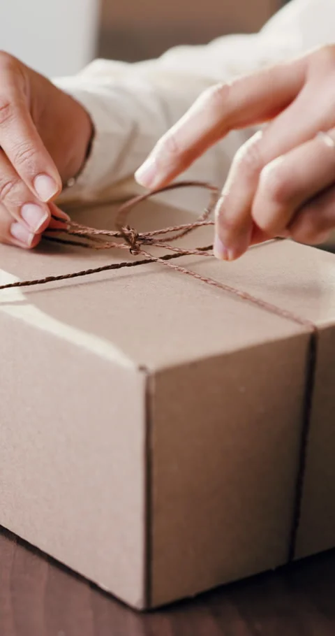 Hands, wrap and person with box in office for logistics, delivery or order Stock Footage 332047626