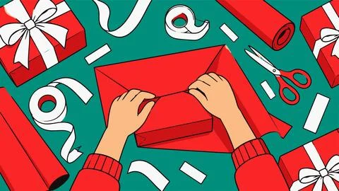Hands wrapping red present with scissors tape and paper for gift Illustrazione stock