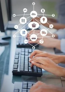 Hands wrinting on computer with graph overlays Stock Photos