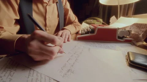 Hands of Writer Writing on Sheet of Paper with Fountain Pen at Desk Stock Footage 285092944