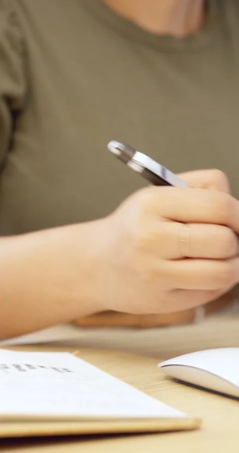 Hands, writing and notebook with computer in office for charts, budget or stats Stock Footage 333230370