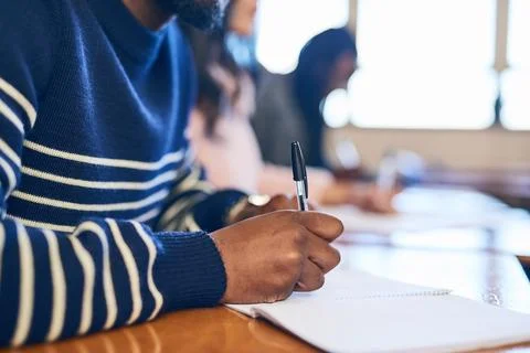 Hands, writing and notes in classroom at university for problem solving, student Stock Photos