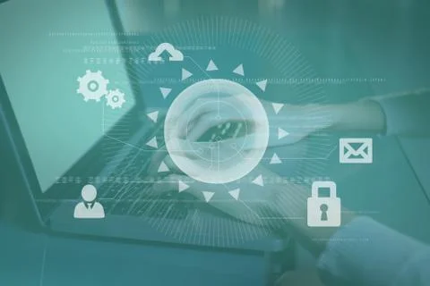 Hands writing on computer with graph overlays 写真素材