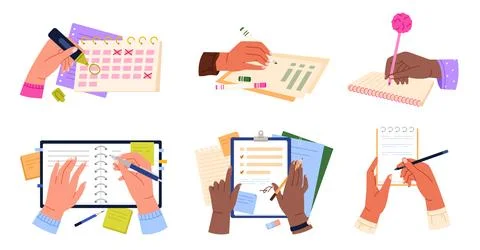 Hands Writing Notes and Documents Vector Stock Illustration