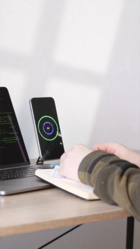 Hands writing notes during voice AI call next to coding laptop screen 스톡 동영상 346834801