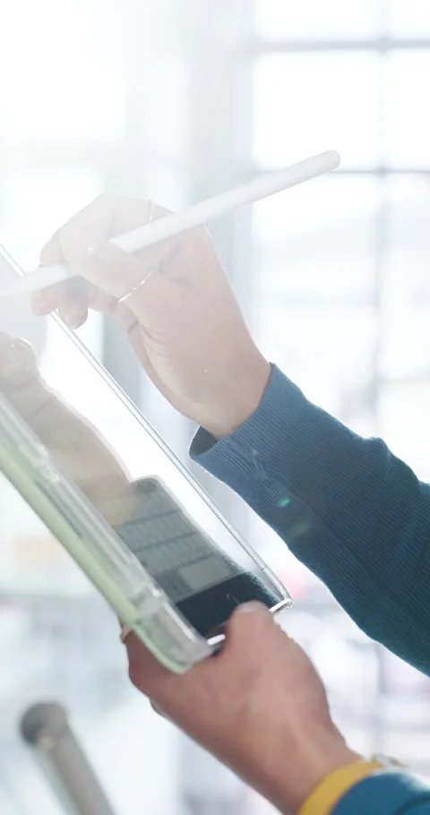 Hands, writing or update in office with tablet for guest list, review or problem Stock Footage 335812846