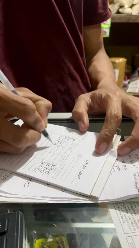 Hands Writing Sales Receipt in Small Local Shop Stock Footage 328575246