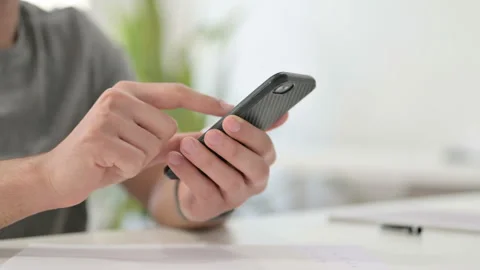 Hands of Young Man Using Smartphone, Close Up Stock Footage 146481326