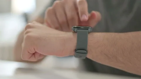 Hands of Young Man Using Smartwatch, Close Up Stock Footage 146482113