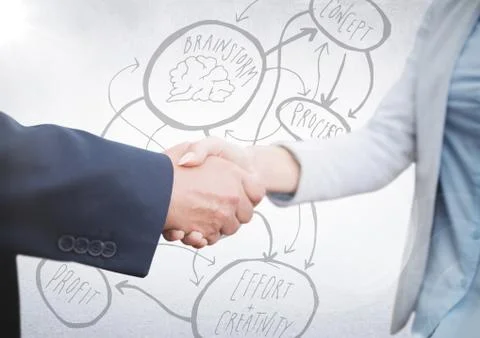 Handshake against white wall with 3D concept doodle Stock Photos