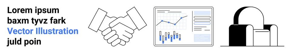 Handshake, analytics screen with graphs, architectural 3D building model, and イラスト素材