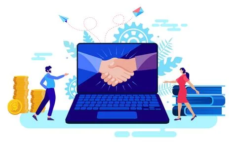 Handshake and congratulations in computer with people celebrating teamwork Stock Illustration