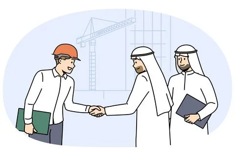Handshake of arab businessmen and builder from architectural bureau standing Stock Illustration