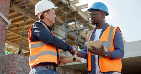 Handshake, architect and tablet with men on construction site for meeting, Stock Footage 337537015