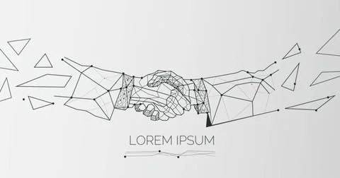 Handshake between digital line art hands with geometric shapes Stock Illustration