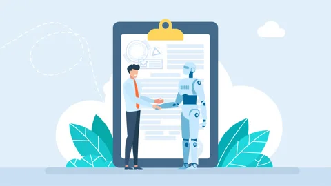 Handshake between man and robot on background of document. Cyberhuman friendship Stock Footage 263055165