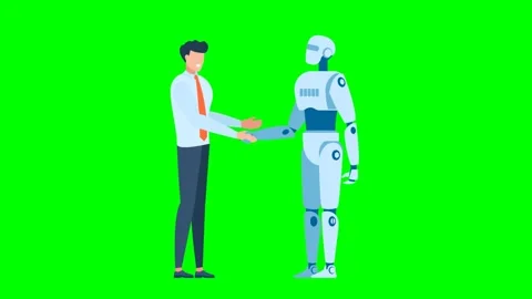 Handshake between man, robot on green background. Man shaking hands with a robot Stock Footage 274951057