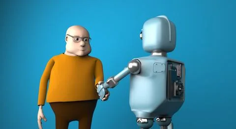 Handshake between robot and human,3d render. Foto stock