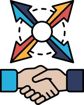 A handshake between two people with arrows pointing in different directions Illustrazione stock