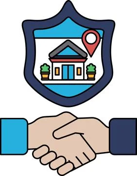 A handshake between two people with a shield behind them Stock Illustration