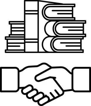A handshake between two people is shown with a stack of books in the backgrou Stock Illustration