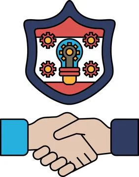 A handshake between two people is shown with a shield behind them Stock Illustration